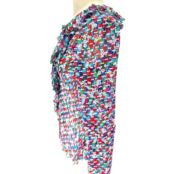 Saloni Women's Size 4 Silk Blend Iman Red + Blue Ruffled Wrap Blouse NWT - Picture 5 of 14